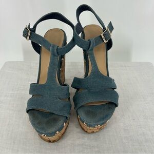 Blue Denim with Cork Platform Sandals. Size 9